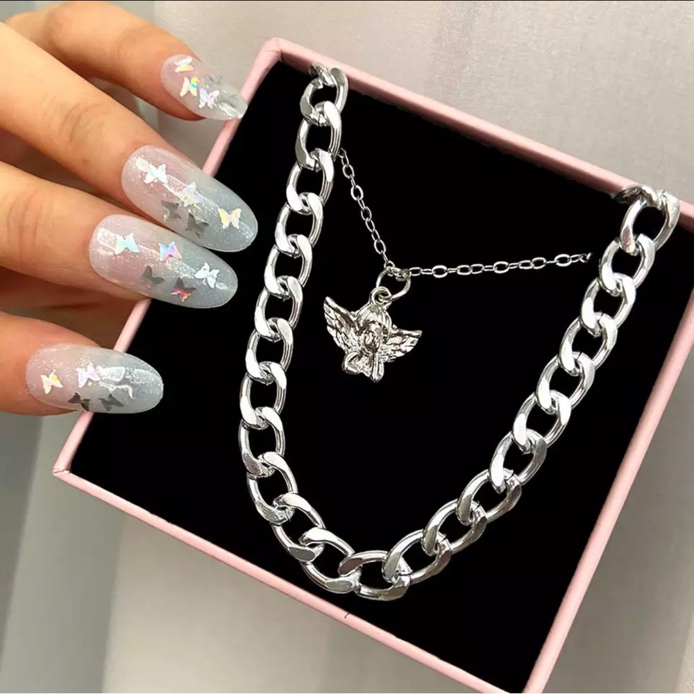 Silver Angel Necklace Choker Set